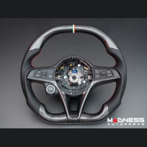 Alfa Romeo Giulia Custom Steering Wheel - Carbon Fiber - Flat Top/ Flat Bottom - w/ Italian Stripe - Non QV Models - Alcantara